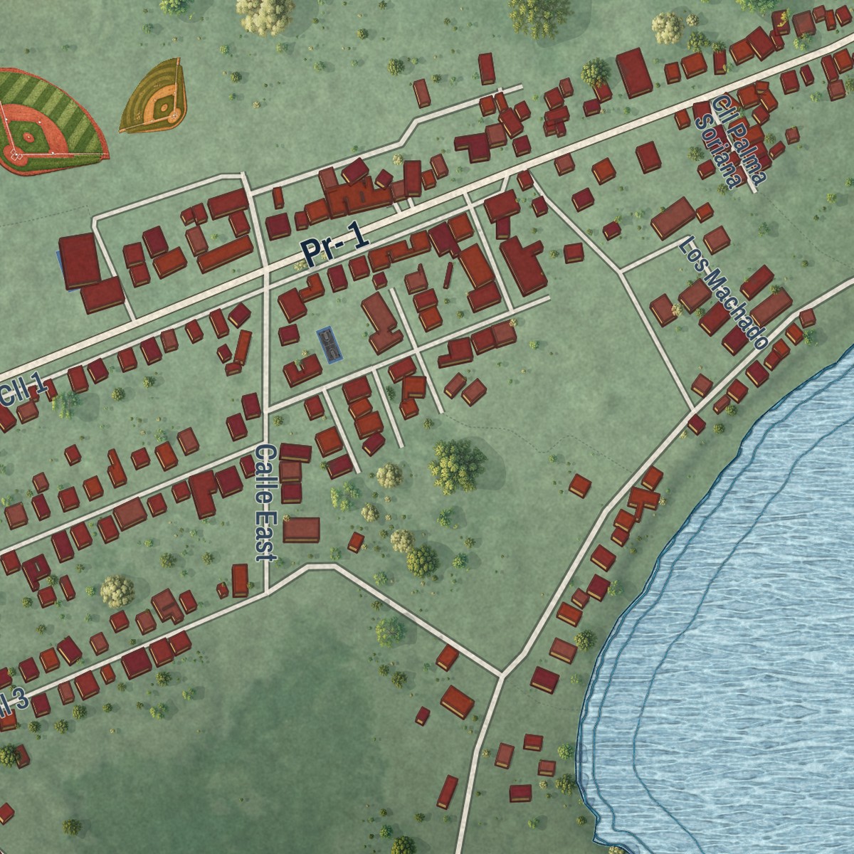 Second close-up of the map of Jauca, Puerto Rico print showing more streets and buildings