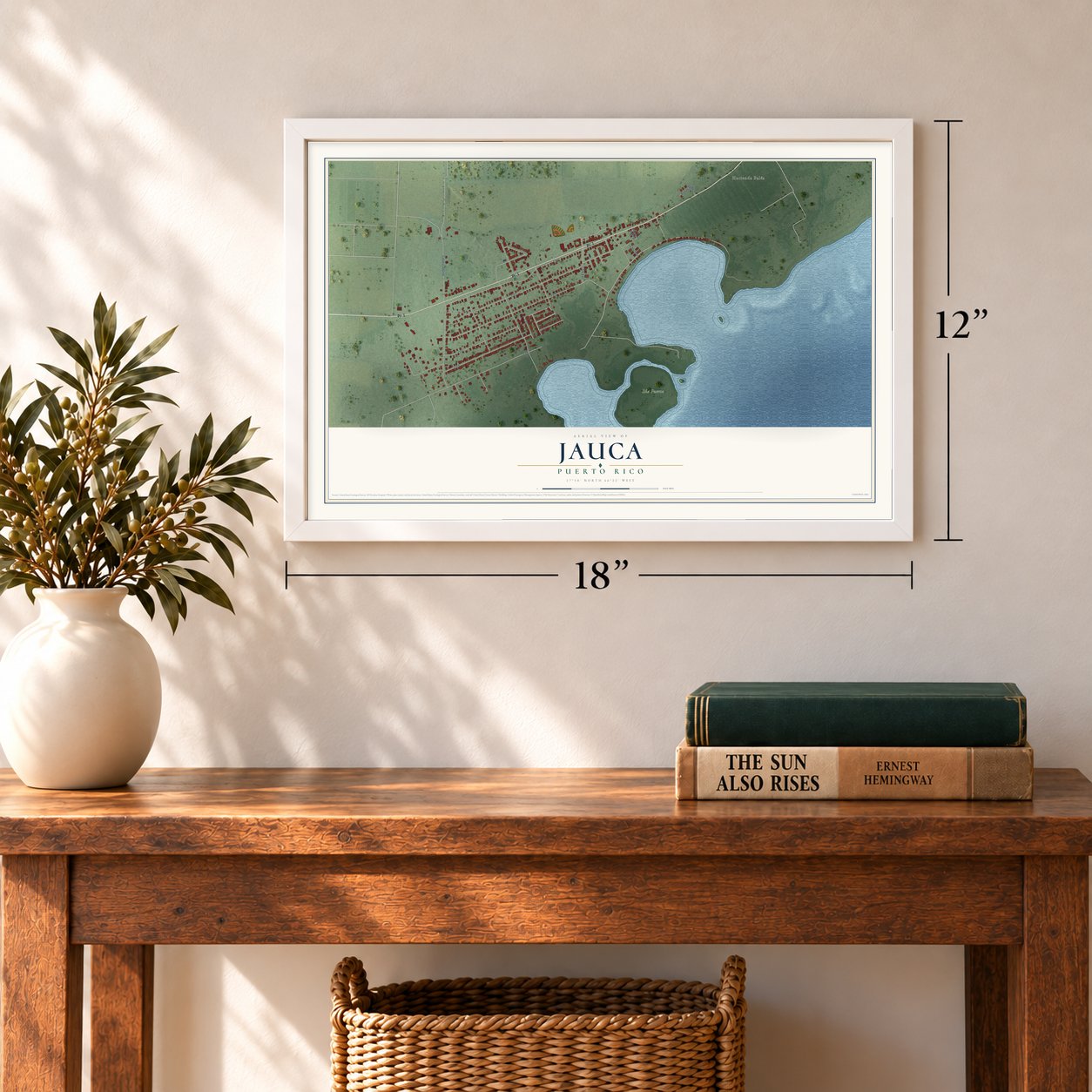 Jauca, Puerto Rico map, 12 x 18 inch print in a white frame in an entryway