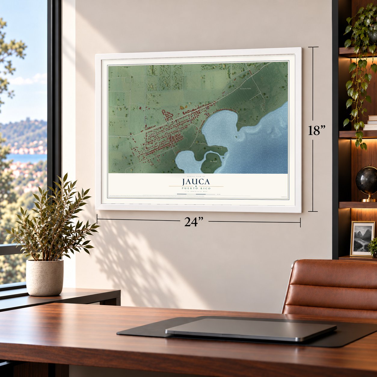 Jauca, Puerto Rico map, 18 x 24 inch print in a white frame in a home office