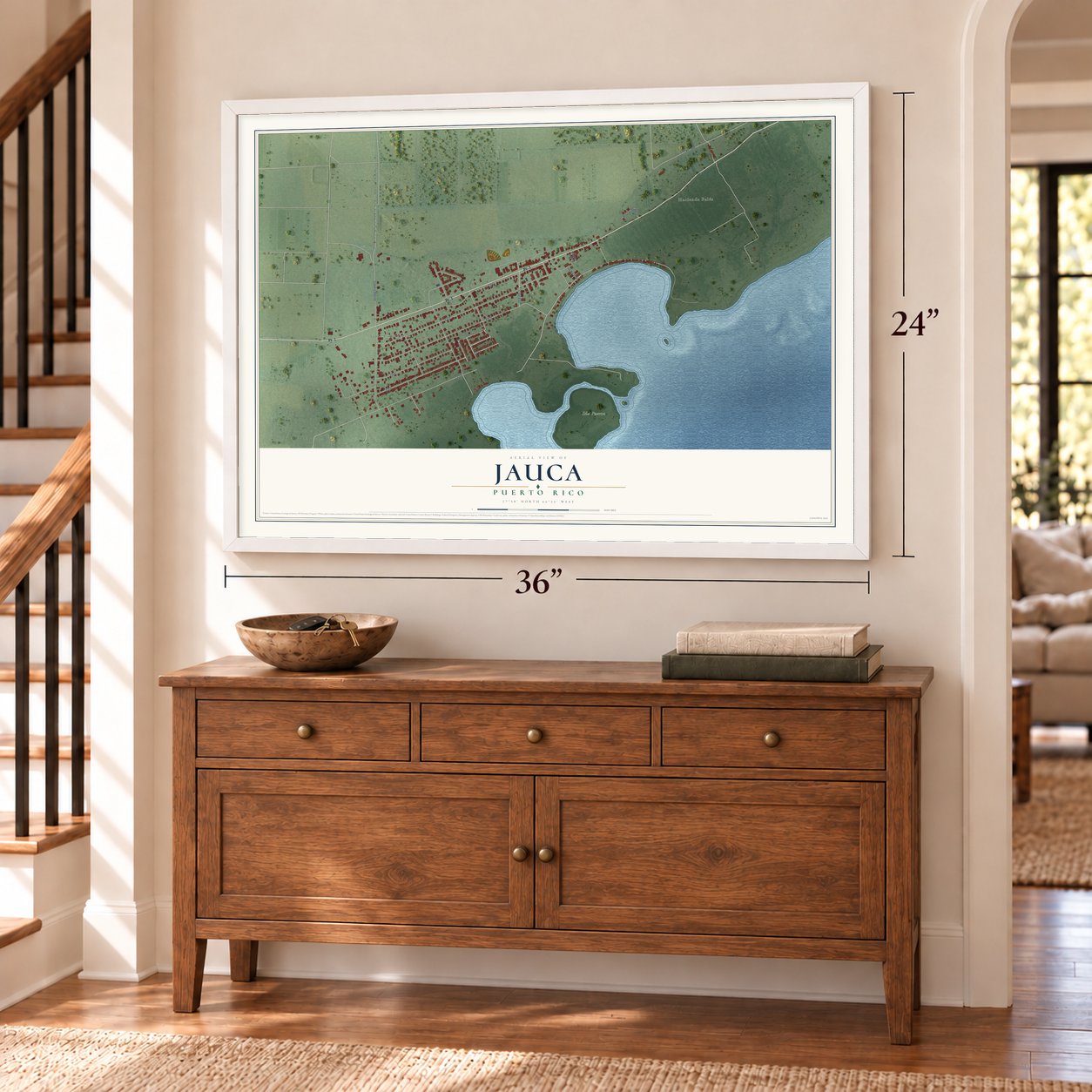 Jauca, Puerto Rico map, 24 x 36 inch print in a white frame above a dresser by a staircase