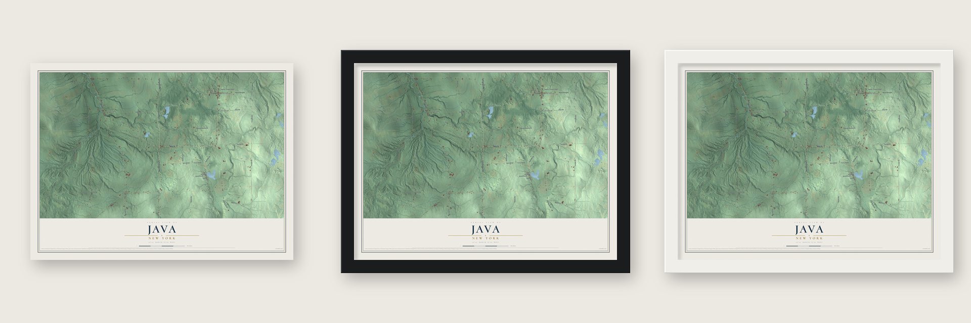 Java, New York map unframed, in a black wood frame and in a white wood frame