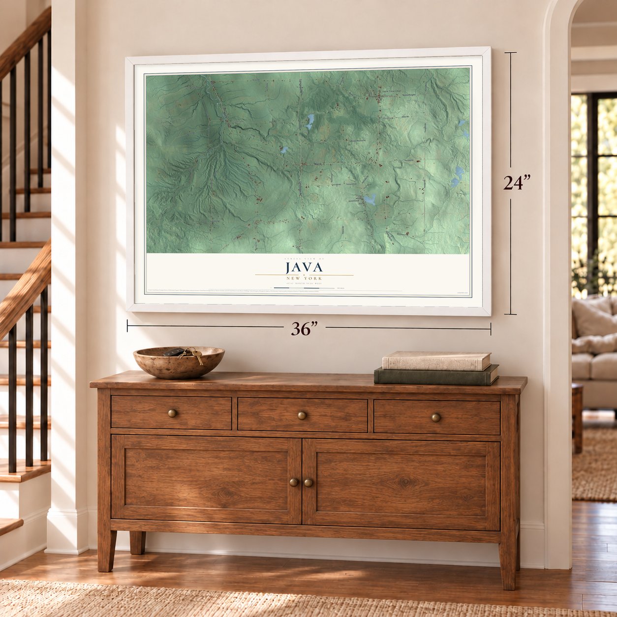 Java, New York map, 24 x 36 inch print in a white frame above a dresser by a staircase