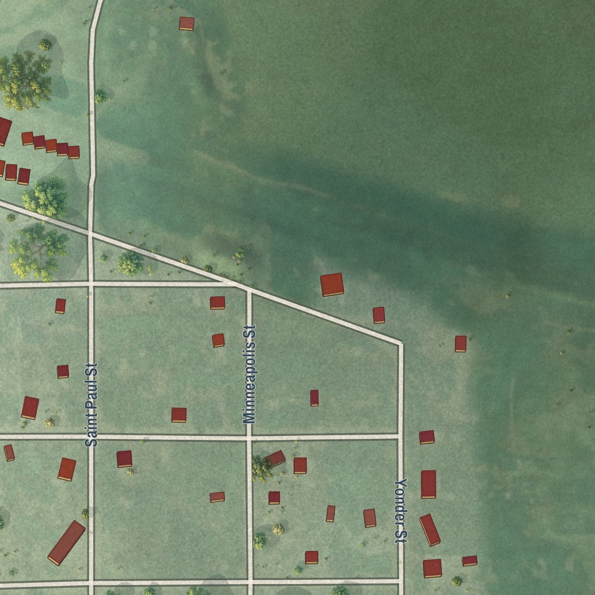 Second close-up of the map of Java, South Dakota print showing more streets and buildings