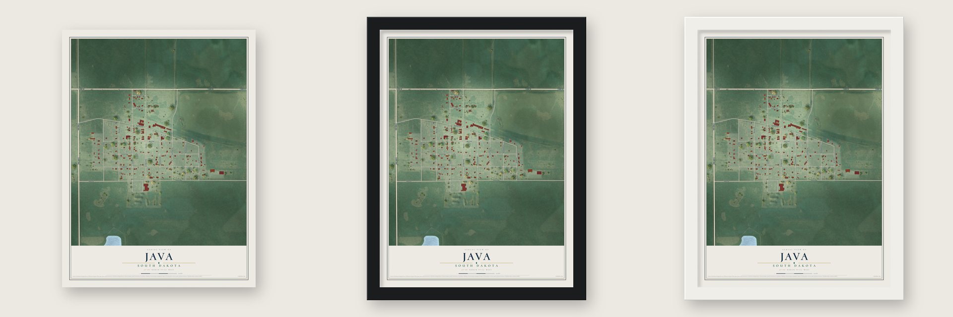 Java, South Dakota map unframed, in a black wood frame and in a white wood frame
