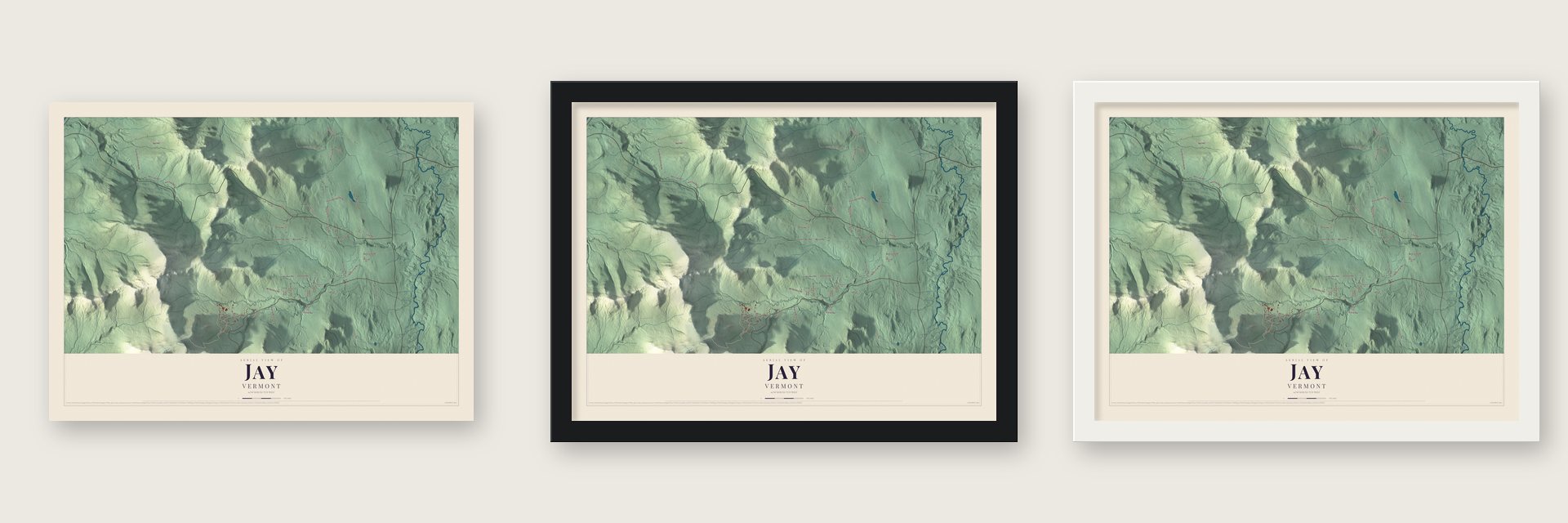 Jay, Vermont map unframed, in a black wood frame and in a white wood frame