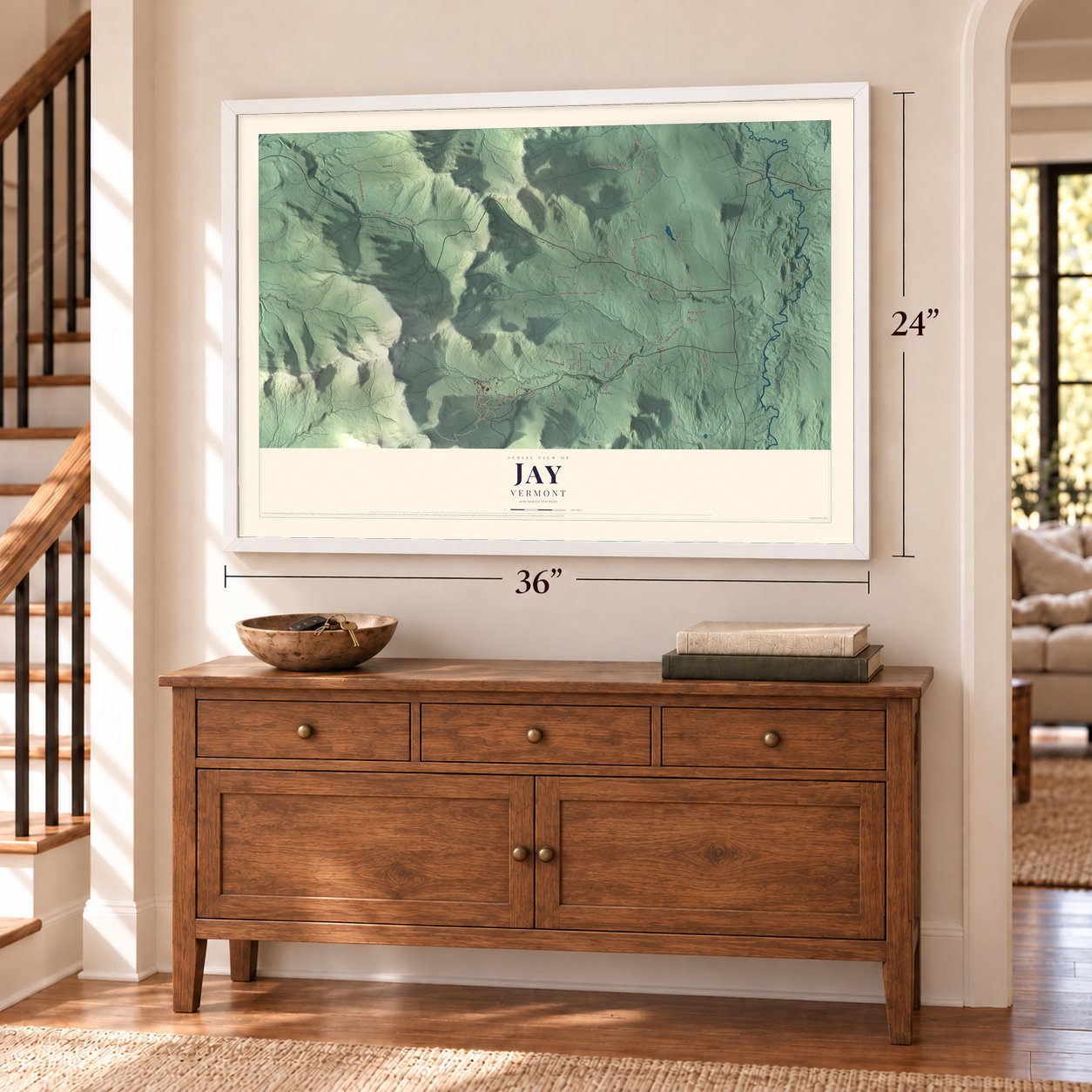 Jay, Vermont map, 24 x 36 inch print in a white frame above a dresser by a staircase