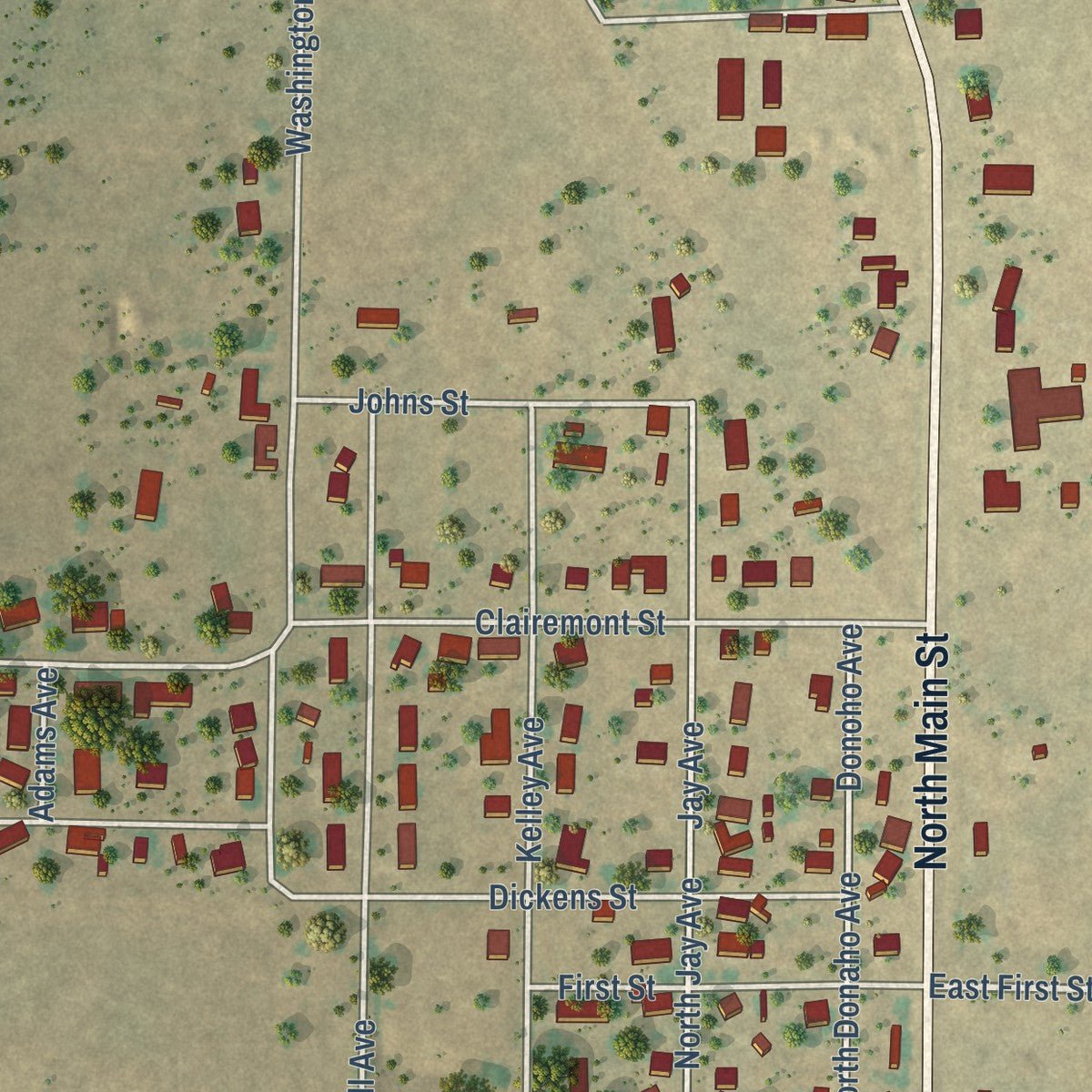 Second close-up of the map of Jayton, Texas print showing more streets and buildings