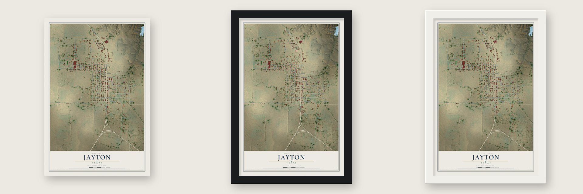 Jayton, Texas map unframed, in a black wood frame and in a white wood frame