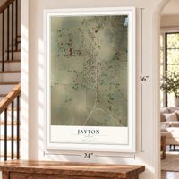 Jayton, Texas map, 24 x 36 inch print in a white frame by a staircase