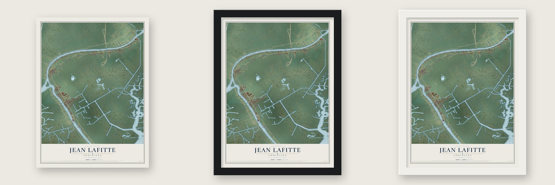 Jean Lafitte, Louisiana map unframed, in a black wood frame and in a white wood frame