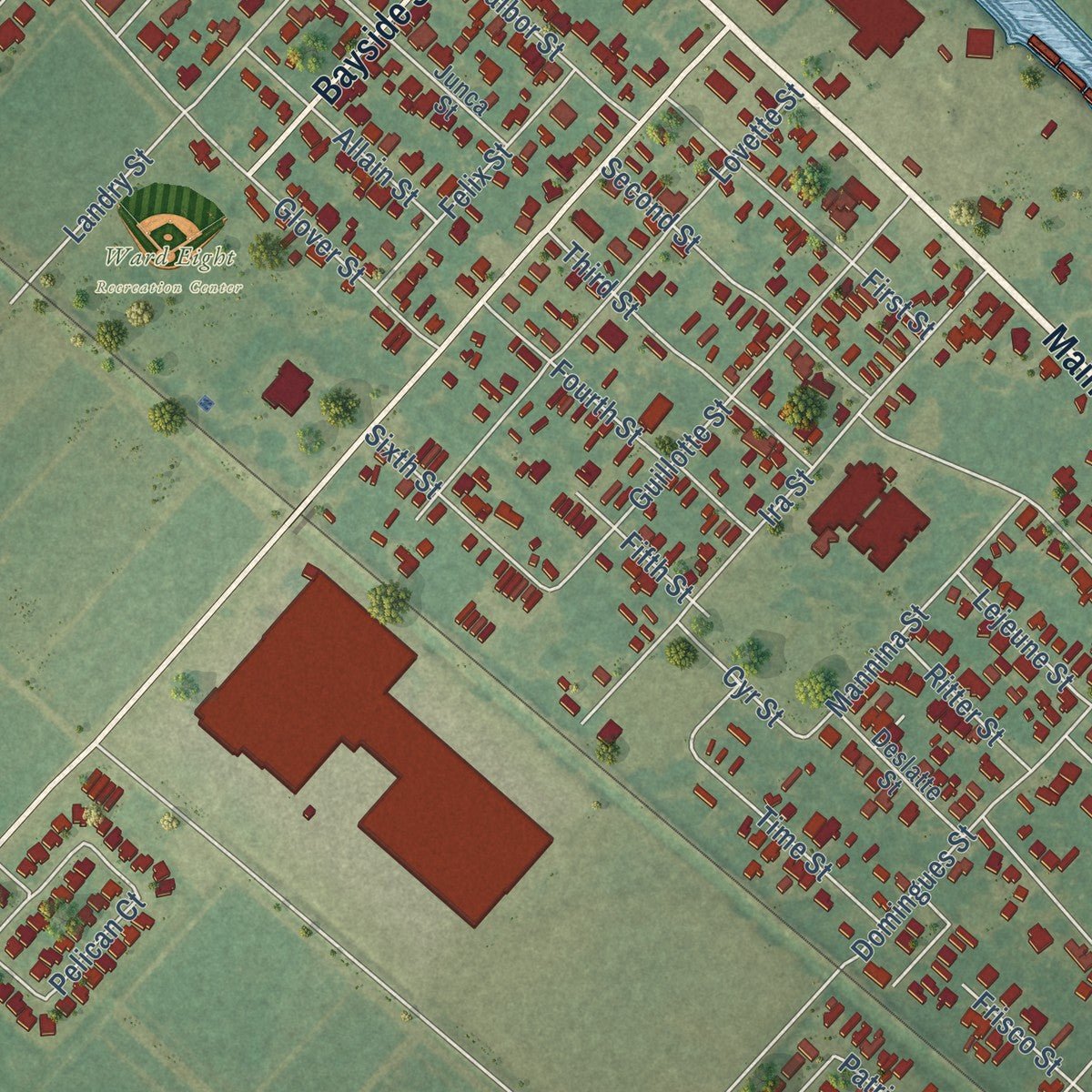 Second close-up of the map of Jeanerette, Louisiana print showing more streets and buildings