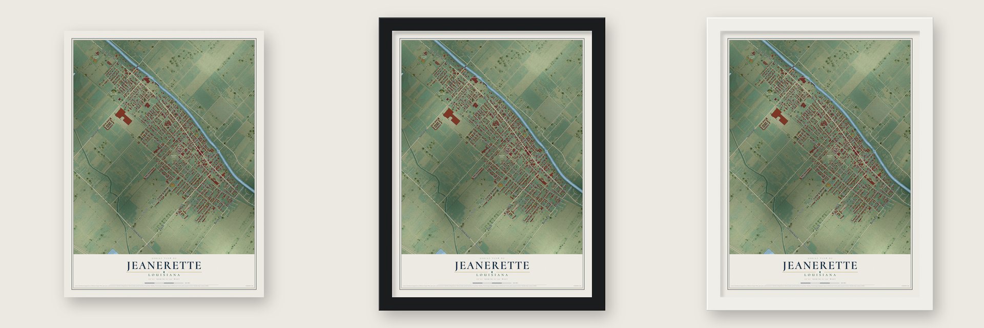 Jeanerette, Louisiana map unframed, in a black wood frame and in a white wood frame