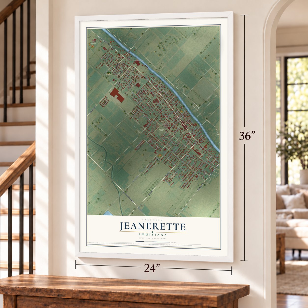 Jeanerette, Louisiana map, 24 x 36 inch print in a white frame by a staircase
