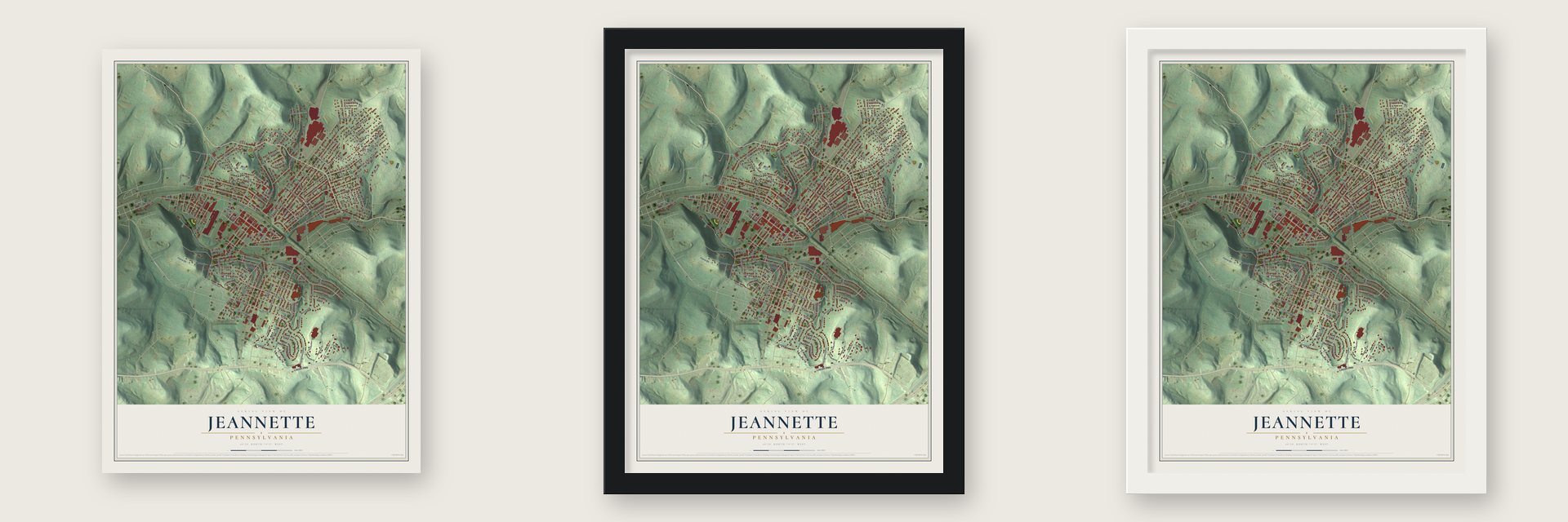 Jeannette, Pennsylvania map unframed, in a black wood frame and in a white wood frame