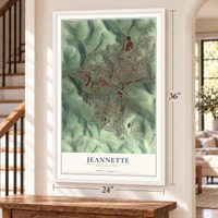 Jeannette, Pennsylvania map, 24 x 36 inch print in a white frame by a staircase