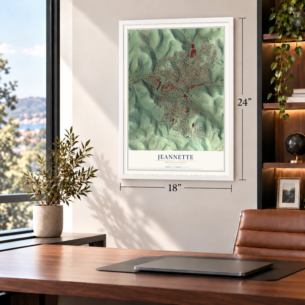 Jeannette, Pennsylvania map, 18 x 24 inch print in a white frame in a home office