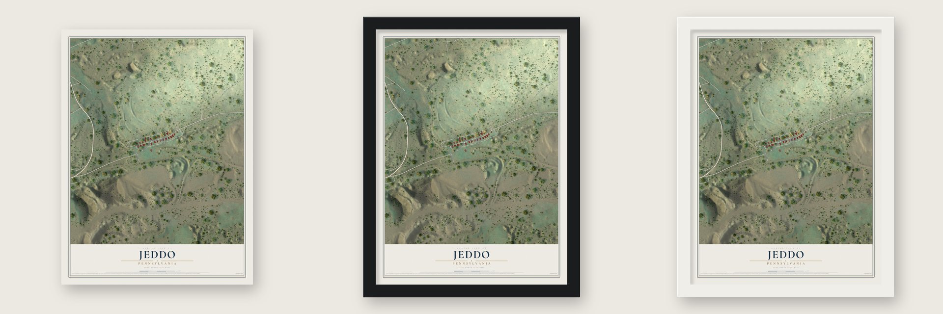 Jeddo, Pennsylvania map unframed, in a black wood frame and in a white wood frame