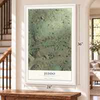 Jeddo, Pennsylvania map, 24 x 36 inch print in a white frame by a staircase