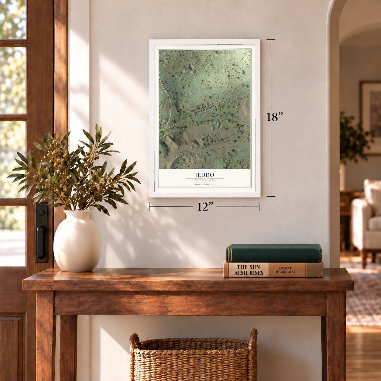 Jeddo, Pennsylvania map, 12 x 18 inch print in a white frame in an entryway