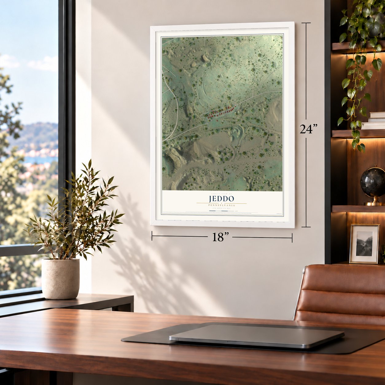 Jeddo, Pennsylvania map, 18 x 24 inch print in a white frame in a home office