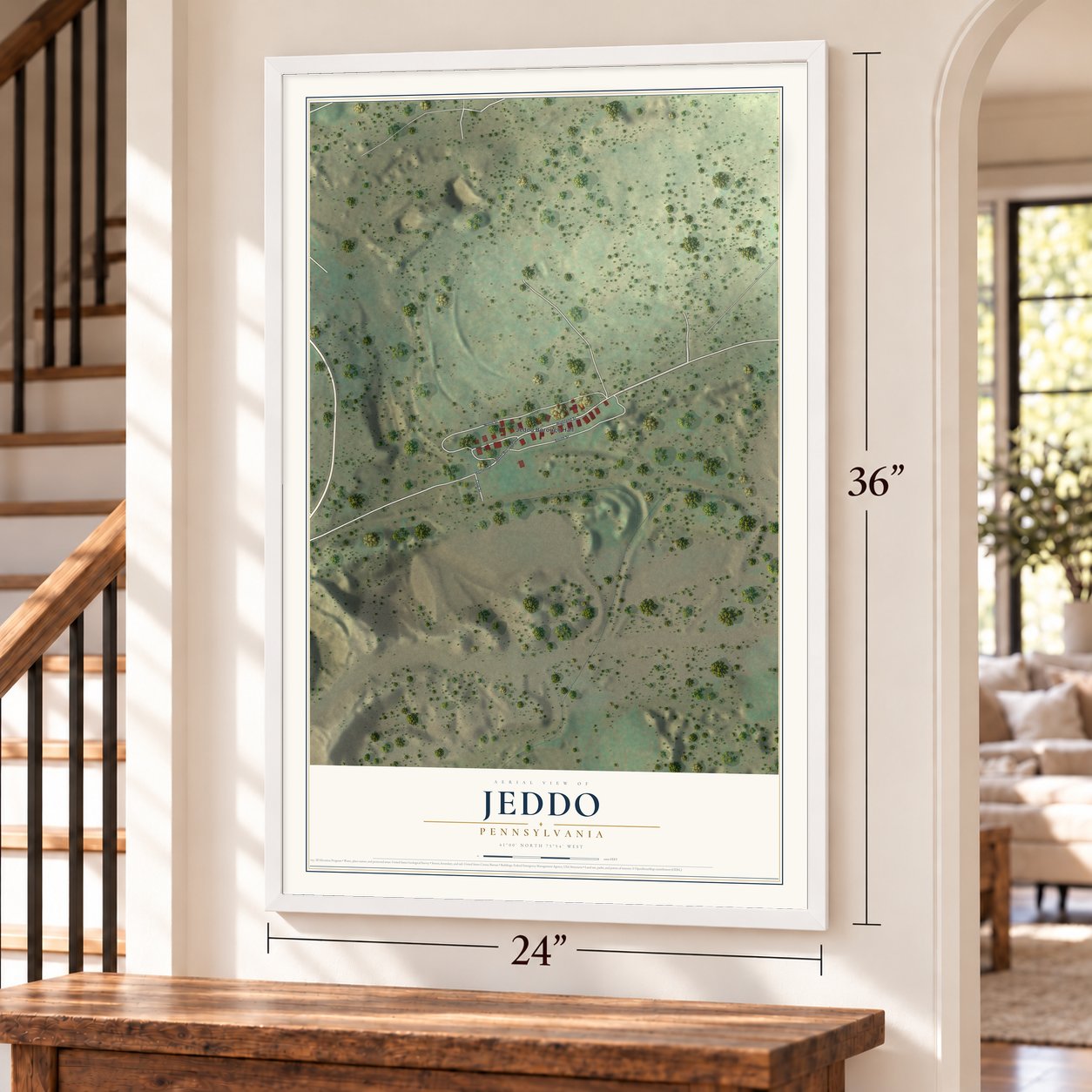 Jeddo, Pennsylvania map, 24 x 36 inch print in a white frame by a staircase