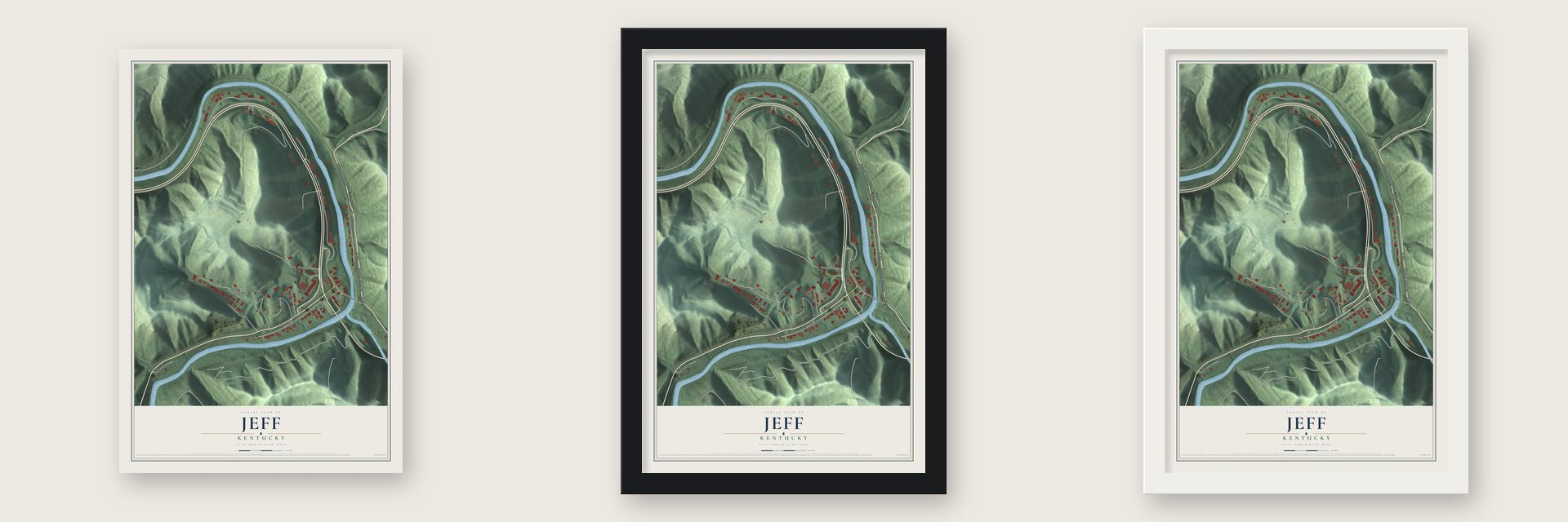 Jeff, Kentucky map unframed, in a black wood frame and in a white wood frame