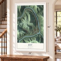 Jeff, Kentucky map, 24 x 36 inch print in a white frame by a staircase
