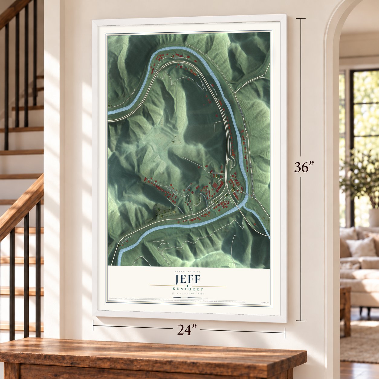 Jeff, Kentucky map, 24 x 36 inch print in a white frame by a staircase