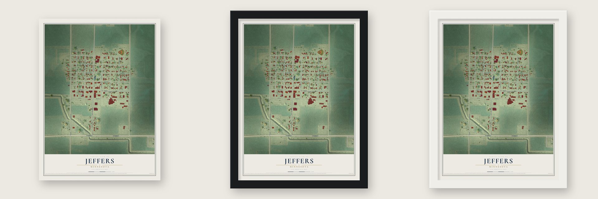Jeffers, Minnesota map unframed, in a black wood frame and in a white wood frame
