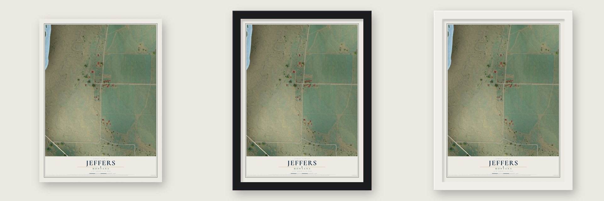 Jeffers, Montana map unframed, in a black wood frame and in a white wood frame