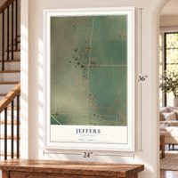 Jeffers, Montana map, 24 x 36 inch print in a white frame by a staircase