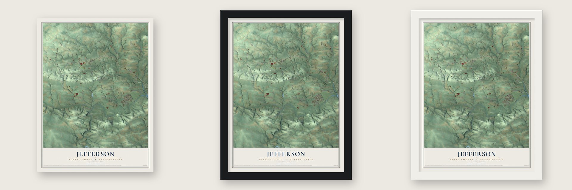 Jefferson, Berks County, Pennsylvania map unframed, in a black wood frame and in a white wood frame