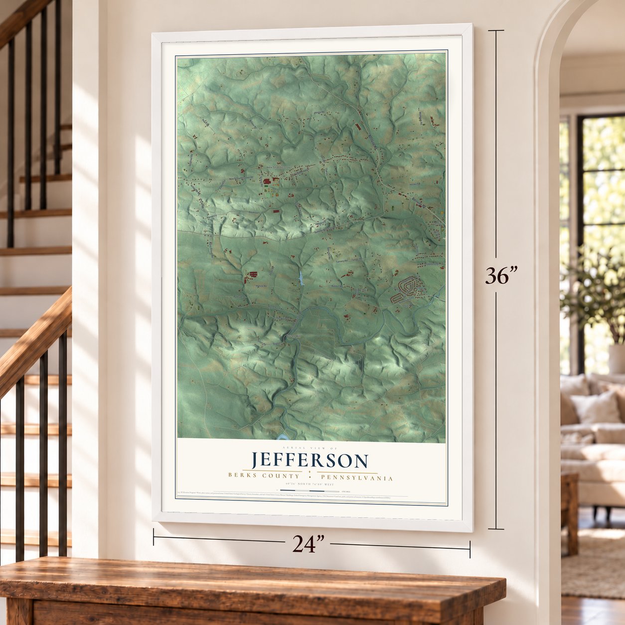 Jefferson, Berks County, Pennsylvania map, 24 x 36 inch print in a white frame by a staircase