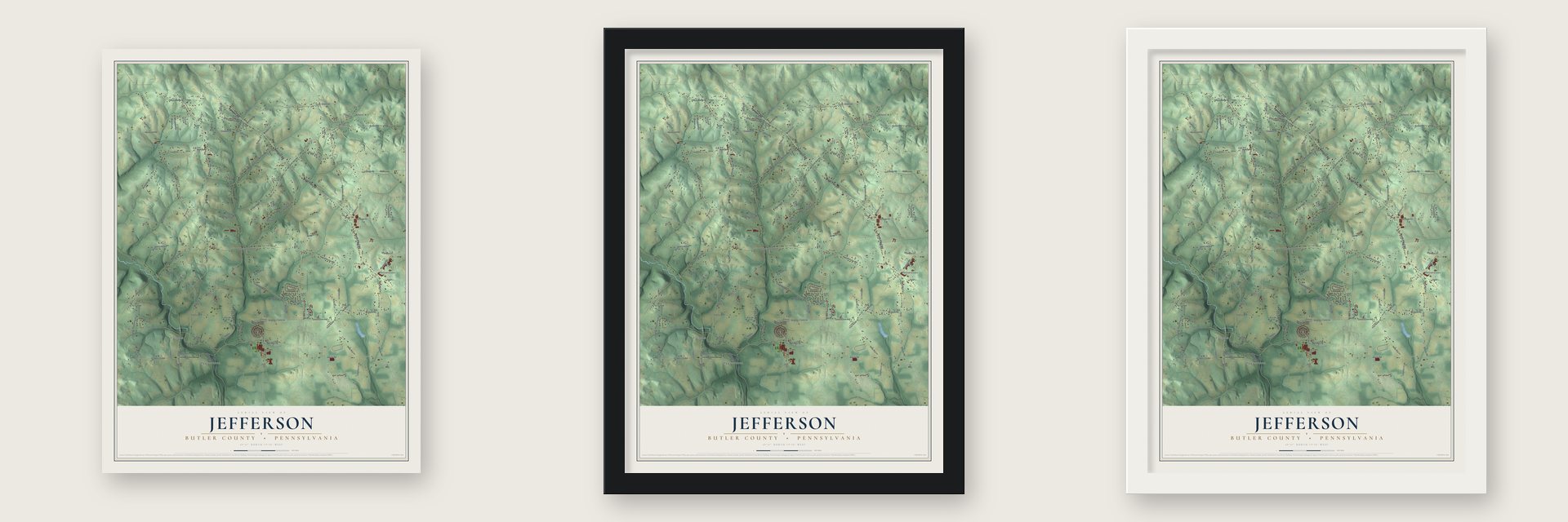 Jefferson, Butler County, Pennsylvania map unframed, in a black wood frame and in a white wood frame