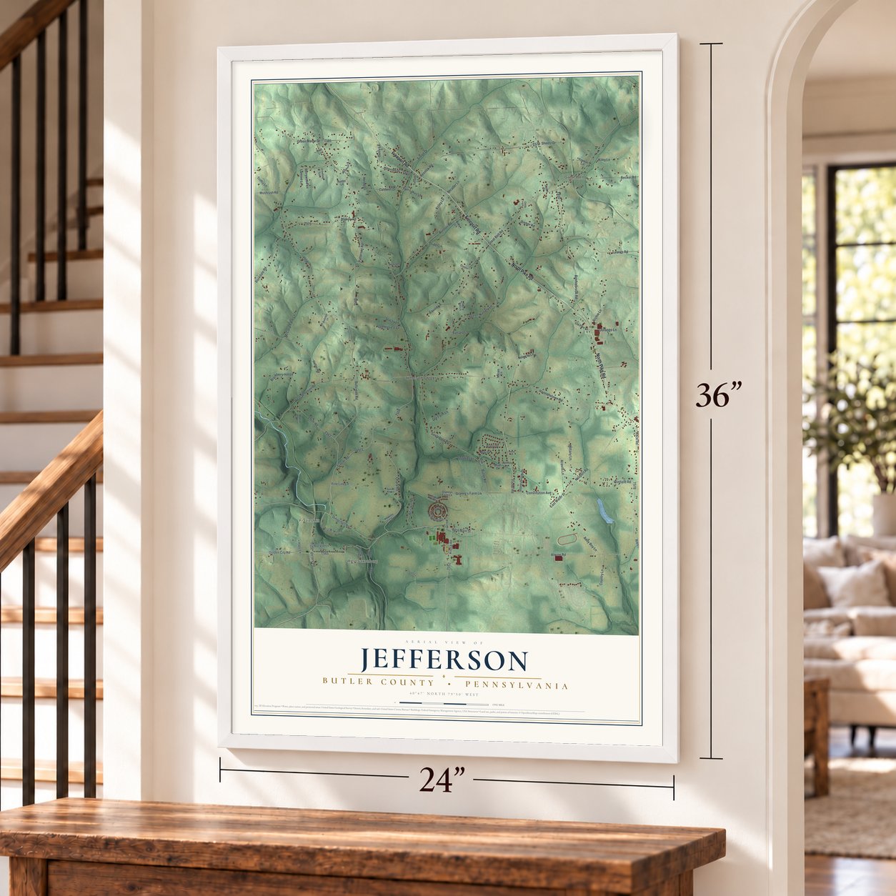 Jefferson, Butler County, Pennsylvania map, 24 x 36 inch print in a white frame by a staircase