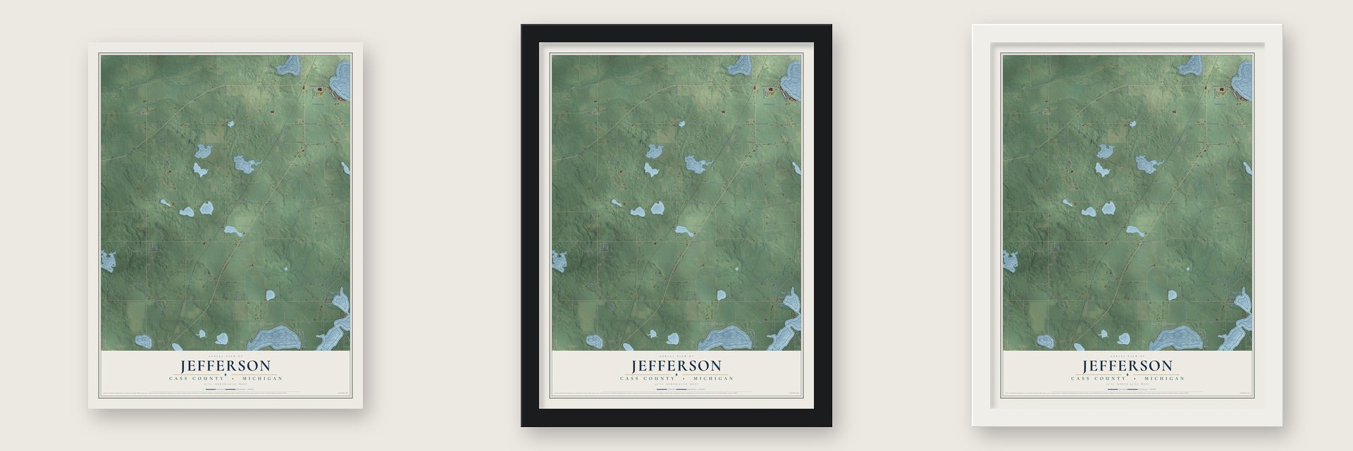Jefferson, Cass County, Michigan map unframed, in a black wood frame and in a white wood frame