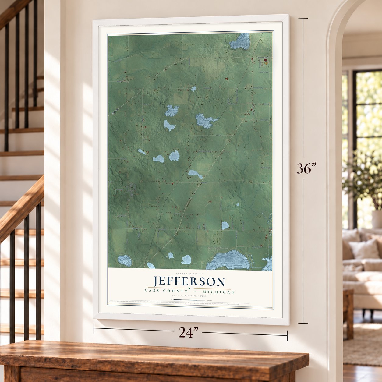 Jefferson, Cass County, Michigan map, 24 x 36 inch print in a white frame by a staircase