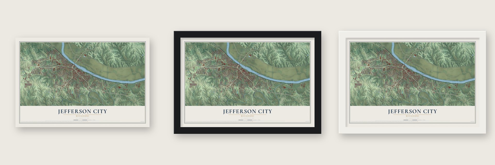 Jefferson City, Missouri map unframed, in a black wood frame and in a white wood frame