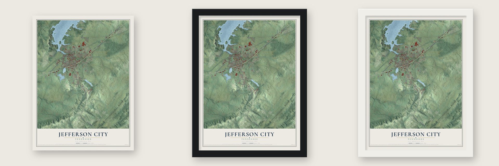 Jefferson City, Tennessee map unframed, in a black wood frame and in a white wood frame
