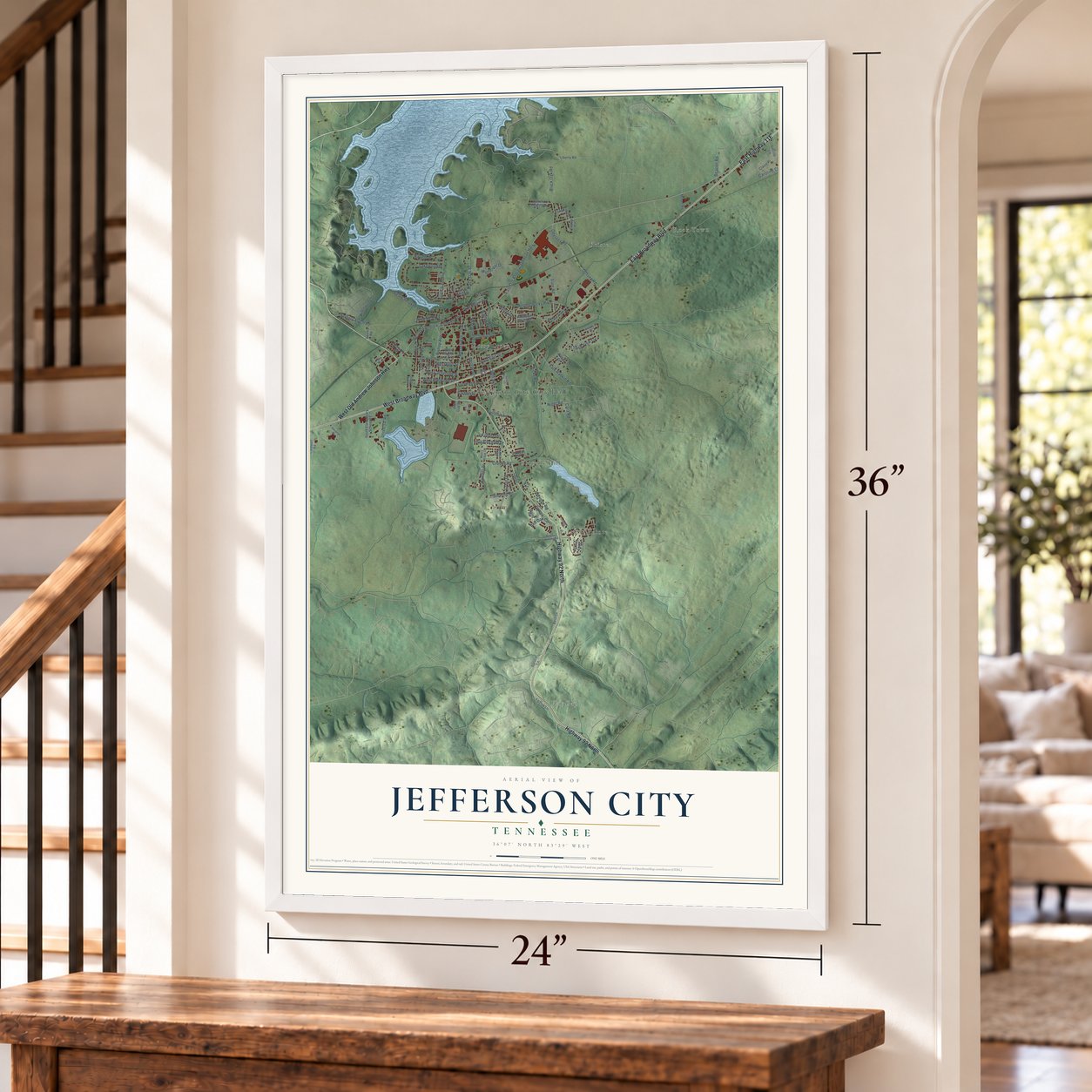 Jefferson City, Tennessee map, 24 x 36 inch print in a white frame by a staircase