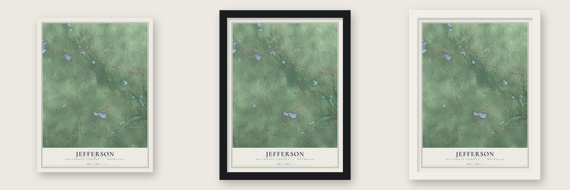 Jefferson, Hillsdale County, Michigan map unframed, in a black wood frame and in a white wood frame