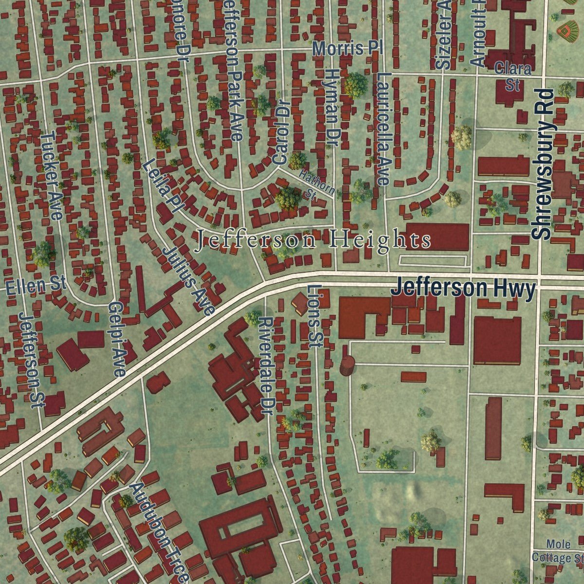 Second close-up of the map of Jefferson, Louisiana print showing more streets and buildings