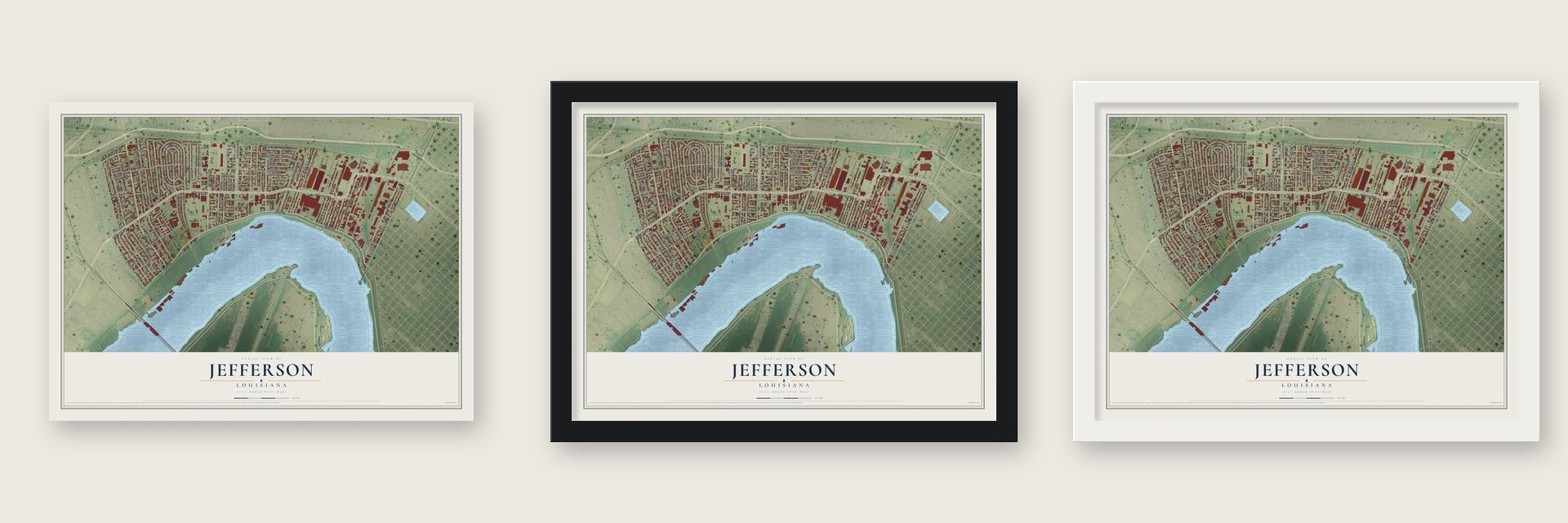 Jefferson, Louisiana map unframed, in a black wood frame and in a white wood frame