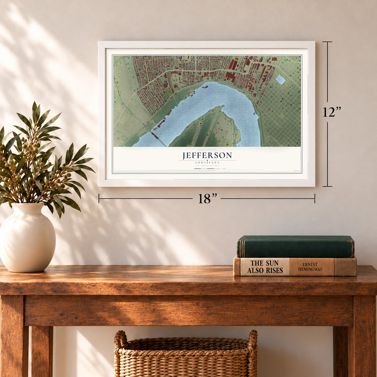 Jefferson, Louisiana map, 12 x 18 inch print in a white frame in an entryway