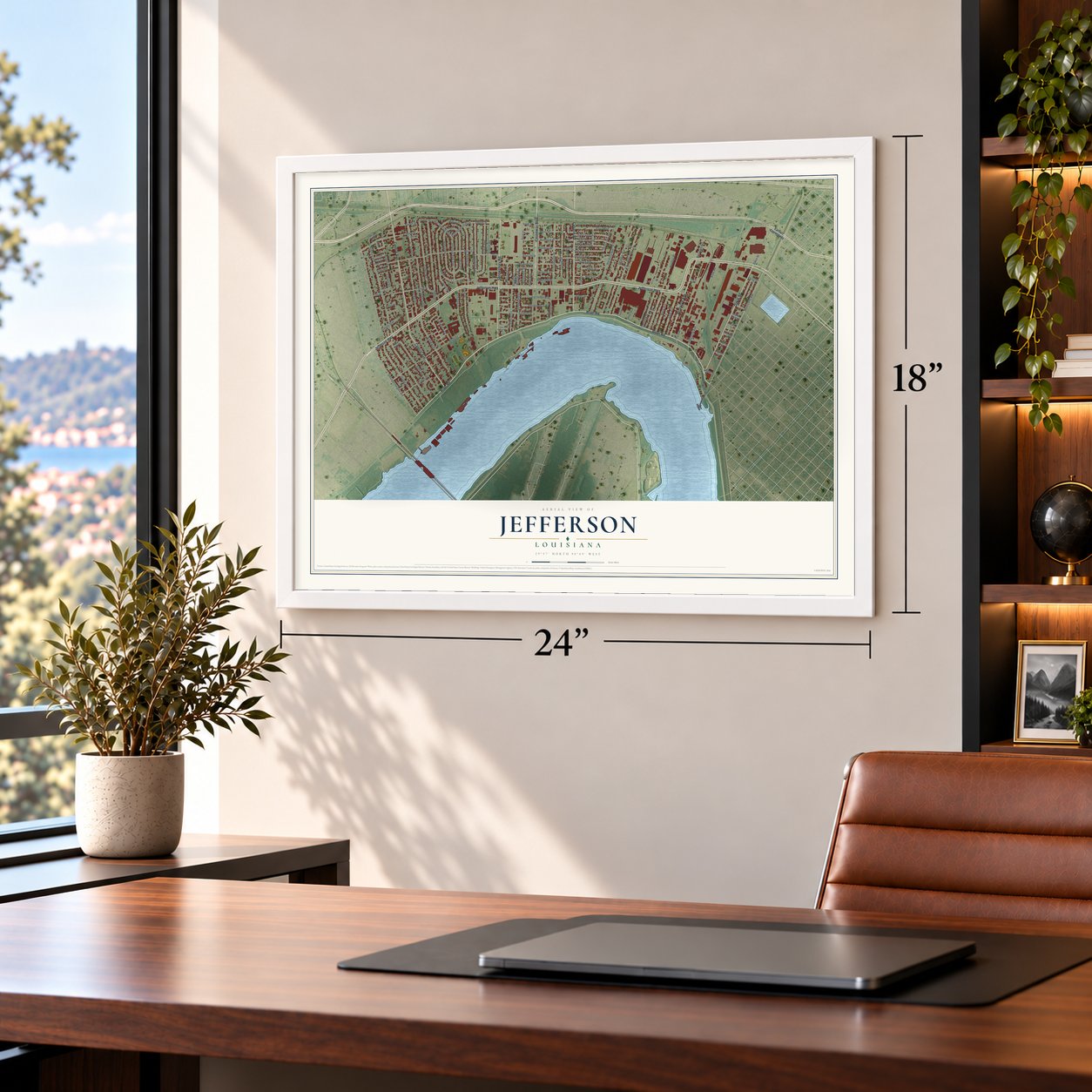 Jefferson, Louisiana map, 18 x 24 inch print in a white frame in a home office