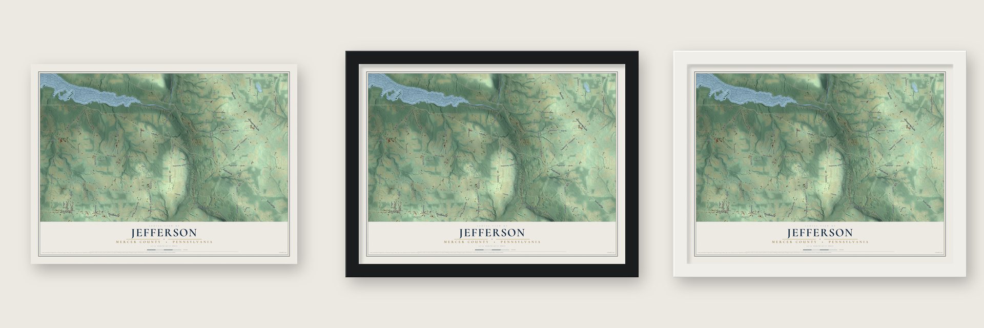 Jefferson, Mercer County, Pennsylvania map unframed, in a black wood frame and in a white wood frame