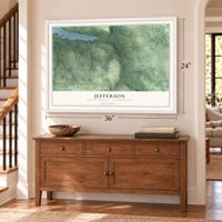 Jefferson, Mercer County, Pennsylvania map, 24 x 36 inch print in a white frame above a dresser by a staircase