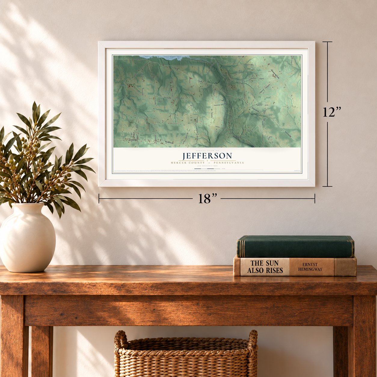 Jefferson, Mercer County, Pennsylvania map, 12 x 18 inch print in a white frame in an entryway