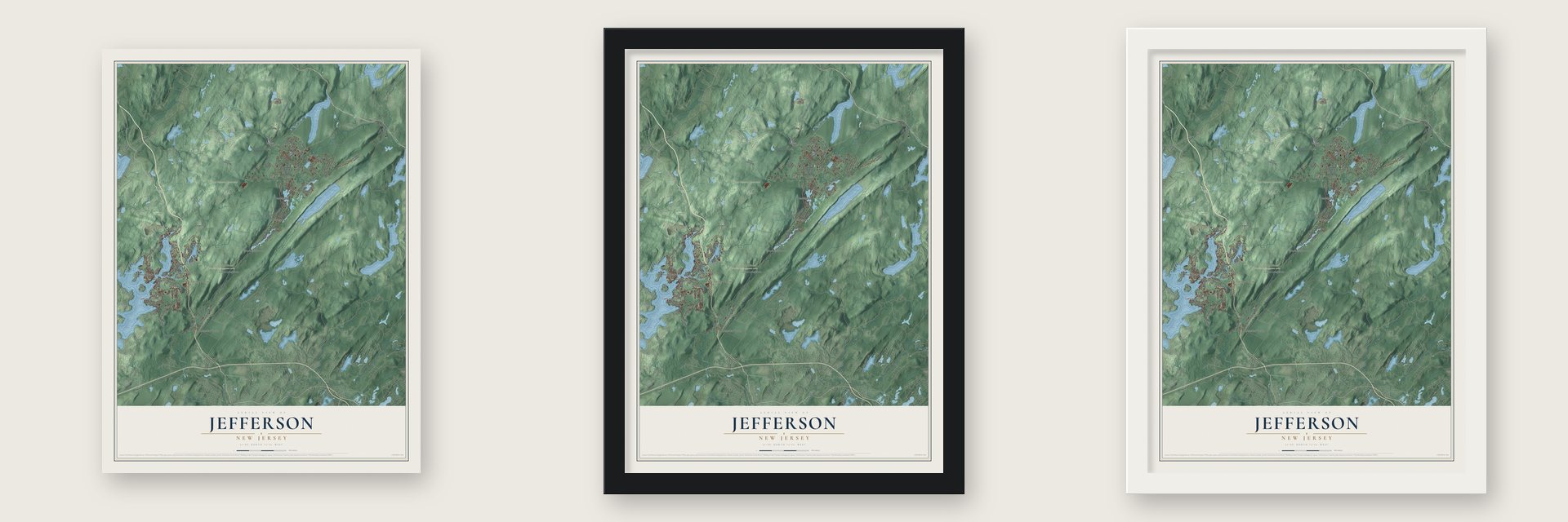 Jefferson, New Jersey map unframed, in a black wood frame and in a white wood frame