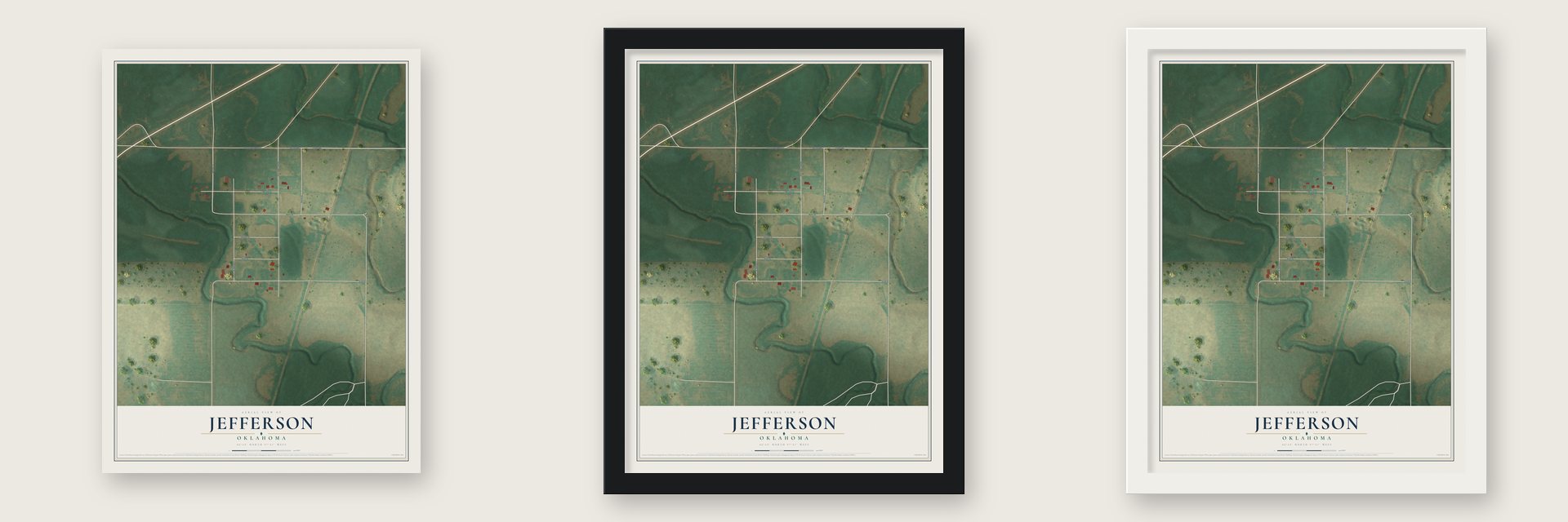 Jefferson, Oklahoma map unframed, in a black wood frame and in a white wood frame